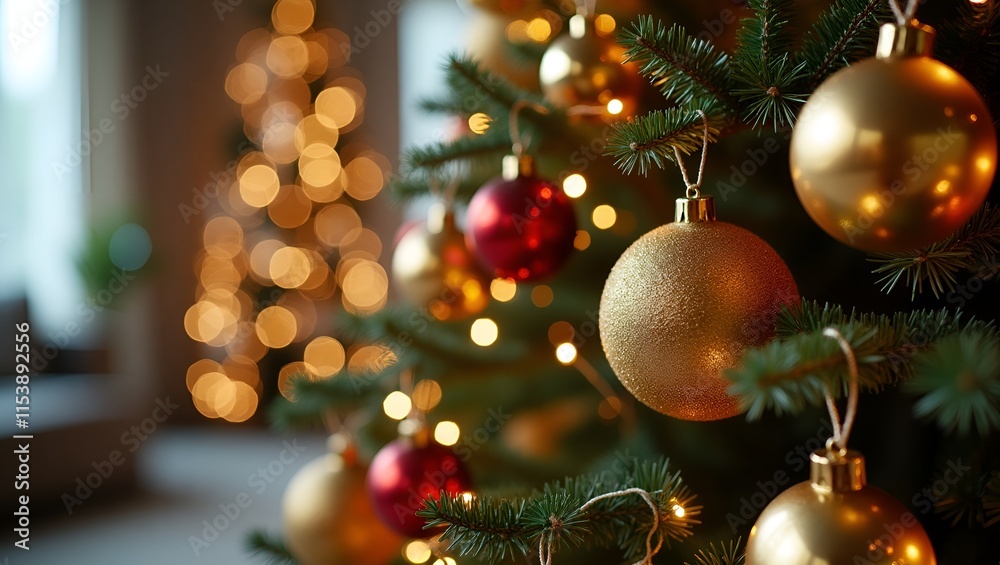 Fototapeta premium Christmas tree with gold and red ornaments and bokeh lights