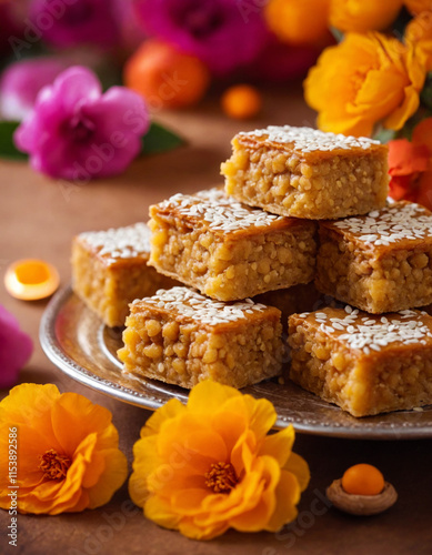 Indian sweets with rice, sugar, ghee and nuts with lights on background. Festival food or snack for Lohri, Makar Sankranti, Pongal, Diwali, harvest festival, Punjab, Tamil Nadu. Tirunelveli, Halwa.