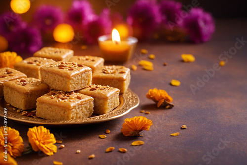 Indian sweets with rice, sugar, ghee and nuts with lights on background. Festival food or snack for Lohri, Makar Sankranti, Pongal, Diwali, harvest festival, Punjab, Tamil Nadu. Tirunelveli, Halwa. photo