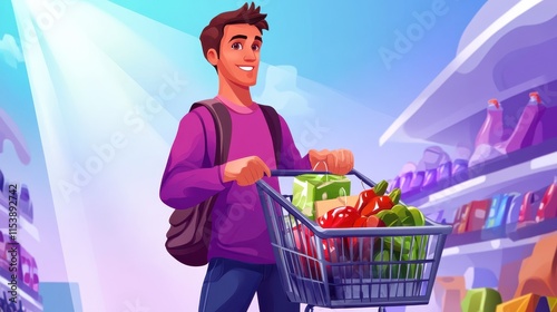 Man doing purchases from shopping list. Customer with package, buying goods. Purchase agreement, in-app purchase, buying process concept. Bright vibrant violet vector isolated illustration photo