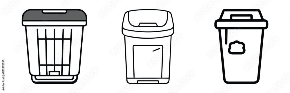 Trash Bin Line Art Illustrations Set, Set of three black-and-white trash bin illustrations in line art style, featuring modern and functional designs, ideal for waste management or recycling themes.
Trash Bin Line Art Illustrations Set, Set of three black-and-white trash bin illustrations in line art style, featuring modern and functional designs, ideal for waste management or recycling themes.