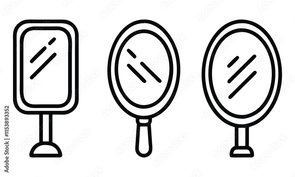 Minimalist Handheld and Standing Mirror Line Art, Set of three black-and-white mirror illustrations in line art style, featuring handheld and standing designs, perfect for vanity or decor themes.
Minimalist Handheld and Standing Mirror Line Art, Set of three black-and-white mirror illustrations in line art style, featuring handheld and standing designs, perfect for vanity or decor themes.