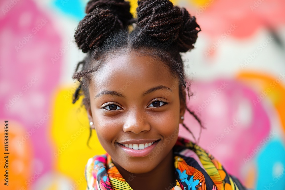 Bright smile radiates joy against vibrant mural backdrop, showca Bright smile radiates joy against vibrant mural backdrop, showca