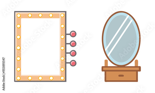 Vanity Mirrors with Lights and Stand Illustrations, Set of two mirror illustrations, one rectangular with lights and one oval with a wooden stand, ideal for decor, vanity, or beauty themes.
