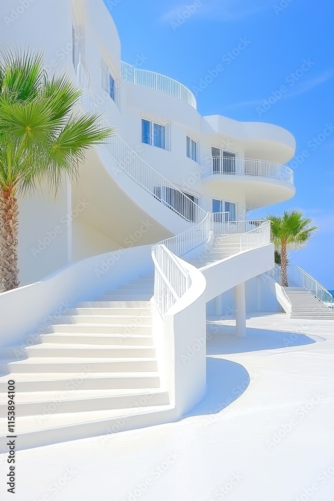 Fototapeta premium Casas blancas con verandas amplias y palmeras en un paisaje soleado