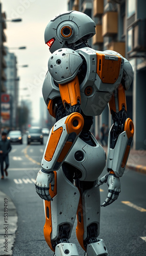 Humanoid futuristic robot walking on a modern urban street, technology concept design photo