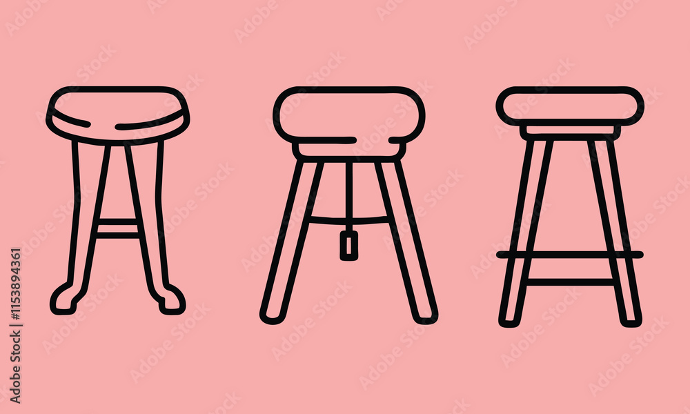 Minimalist Stool Outline Icons on Pink, A set of three black outline stool icons with simple designs, displayed on a pink background, ideal for furniture and decor projects.
Minimalist Stool Outline Icons on Pink, A set of three black outline stool icons with simple designs, displayed on a pink background, ideal for furniture and decor projects.