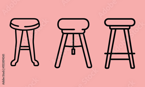 Minimalist Stool Outline Icons on Pink, A set of three black outline stool icons with simple designs, displayed on a pink background, ideal for furniture and decor projects.
