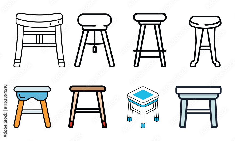 Stool Icon Collection in Various Styles, A set of eight stool icons in colorful and outline styles, showcasing diverse designs, ideal for furniture and interior design projects.
Stool Icon Collection in Various Styles, A set of eight stool icons in colorful and outline styles, showcasing diverse designs, ideal for furniture and interior design projects.