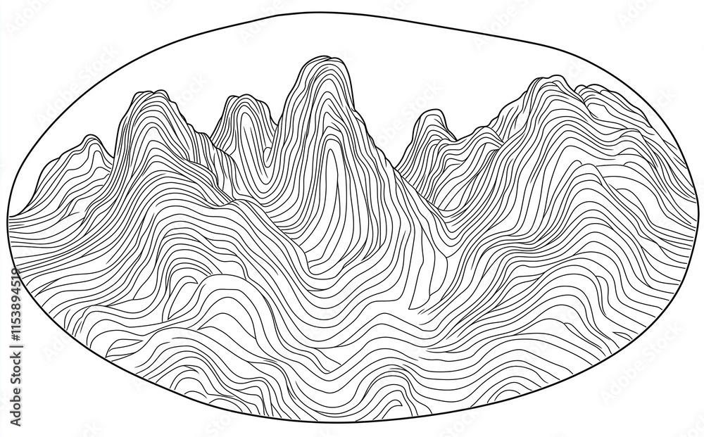 
Simple line art drawing of the top view of an oval-shaped mountain, with sharp peaks and rugged textures.
