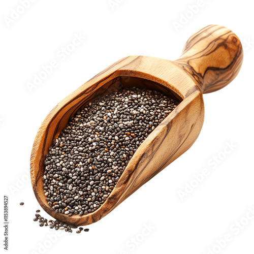 A wooden scoop filled with chia seeds, showcasing their tiny texture and health benefits for cooking and nutrition.,transparent background