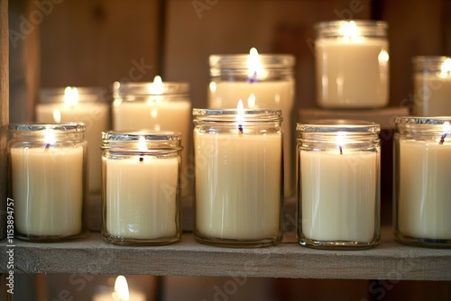 Soft glow of candles in glass jars creates warm, inviting atmosp photo