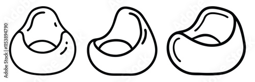 Bean Bag Chair Outline Icons Set, A set of three black-and-white outline icons of bean bag chairs with a minimalist design, perfect for furniture or decor projects.
