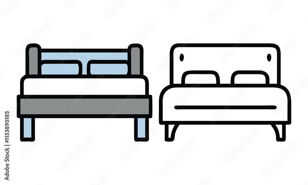 Modern Bed Icon Set with Pillows, A pair of bed vector icons in minimalist and modern styles featuring headboards and pillows, ideal for bedroom and furniture designs.
Modern Bed Icon Set with Pillows, A pair of bed vector icons in minimalist and modern styles featuring headboards and pillows, ideal for bedroom and furniture designs.