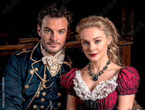 Elegant 18th Century Couple in Formal Military and Court Attire Against Dark Background photo