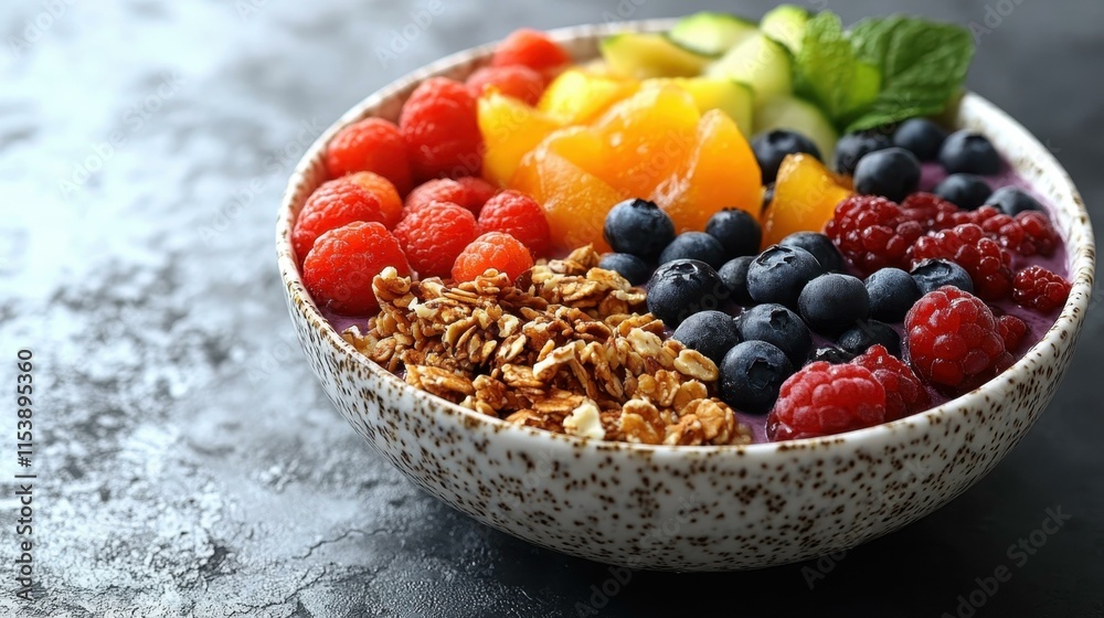 Fun food and cocktails vibrant acai bowl with toppings Fun food and cocktails vibrant acai bowl with toppings