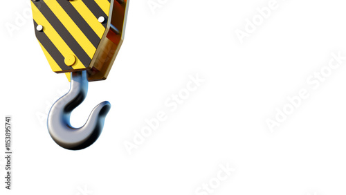 Hook for industrial lifting equipment. Fragment of construction crane. Hook for lifting heavy loads. Construction crane on white. Crane hook. Builders template. Fragment of winch. 3d image