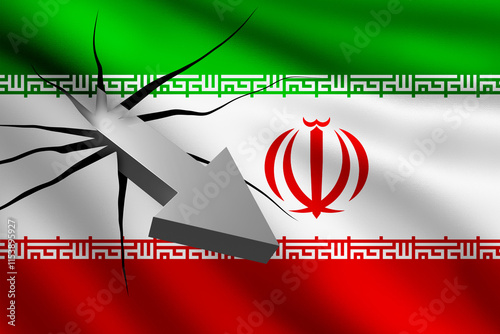 Iran flag with crack. Down arrow will break state banner. Iran political symbol. Destabilization Iranian people republic. Political crisis concept. Metaphor for problems Iranian government. 3d image photo