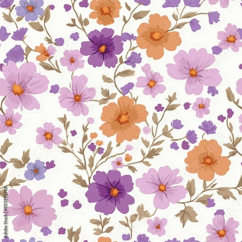 Vintage seamless floral pattern. Liberty style background of small mauve and lilac flowers. Small flowers scattered over a white background. Stock vector for printing on surfaces. Realistic flowers.