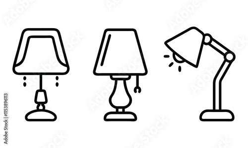 Set of Table and Desk Lamp Outline Icons, A collection of three black-and-white outline icons featuring table lamps and a desk lamp, perfect for lighting or interior design projects.
