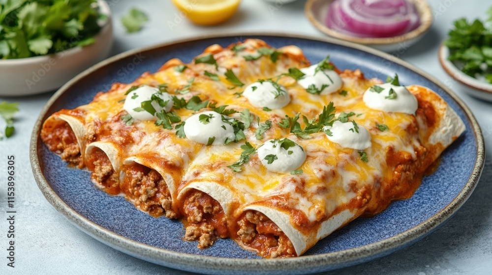 Vibrant Mexican fiesta Mouthwatering enchiladas topped with cheese Vibrant Mexican fiesta Mouthwatering enchiladas topped with cheese