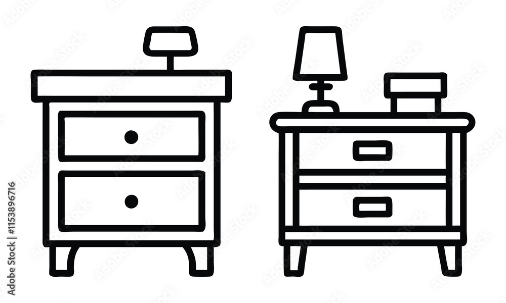 Nightstand Outline Icons with Lamps, Black-and-white outline icons of two nightstands featuring drawers and lamps, ideal for minimalist furniture or interior design themes.
Nightstand Outline Icons with Lamps, Black-and-white outline icons of two nightstands featuring drawers and lamps, ideal for minimalist furniture or interior design themes.