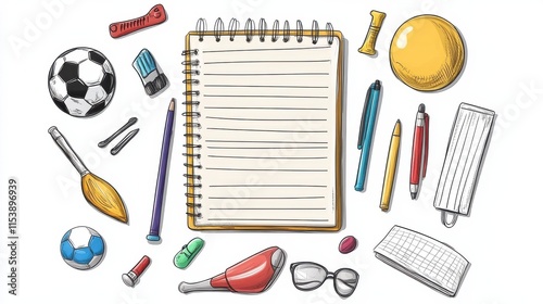 Lined pages for notes, memo or to do lists with doodle sport equipment. Vector illustration photo