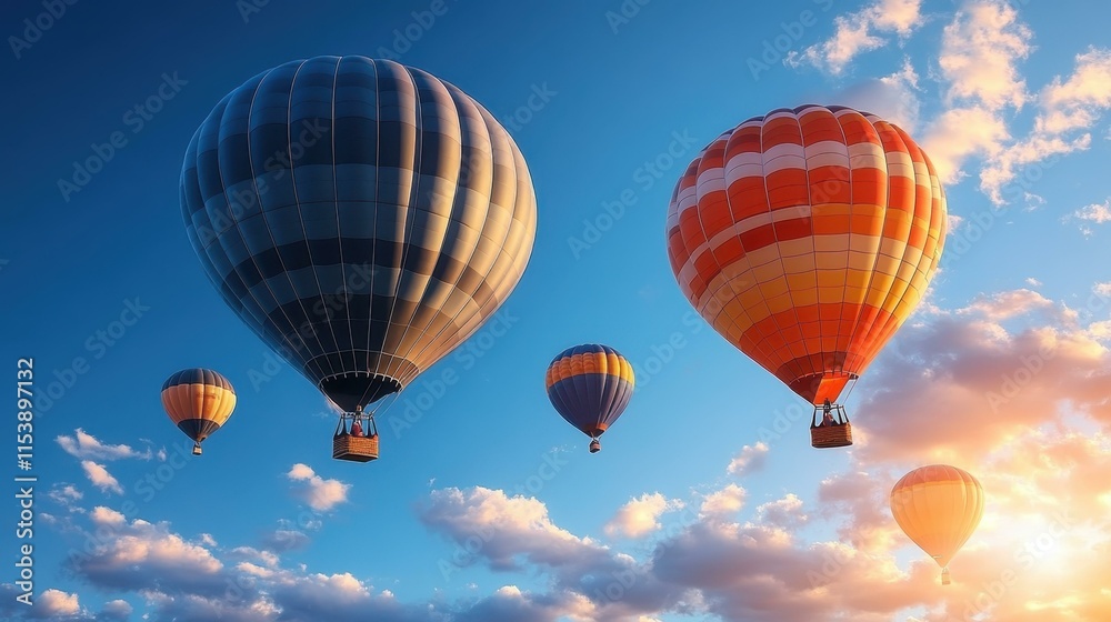 Fototapeta premium Colorful hot air balloons floating, vibrant sunset sky, outdoor adventure, festival celebration, travel inspiration, serene atmosphere, blue sky clouds panorama background image
