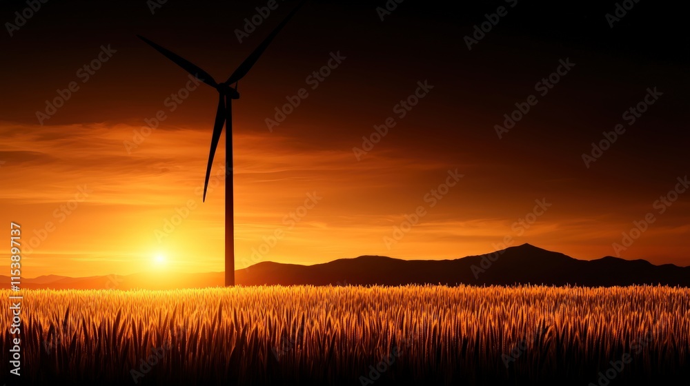 Obraz premium Silhouette of wind turbine in sunset field.