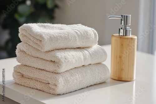 Soft, neatly stacked towels beside sleek bamboo soap dispenser c photo