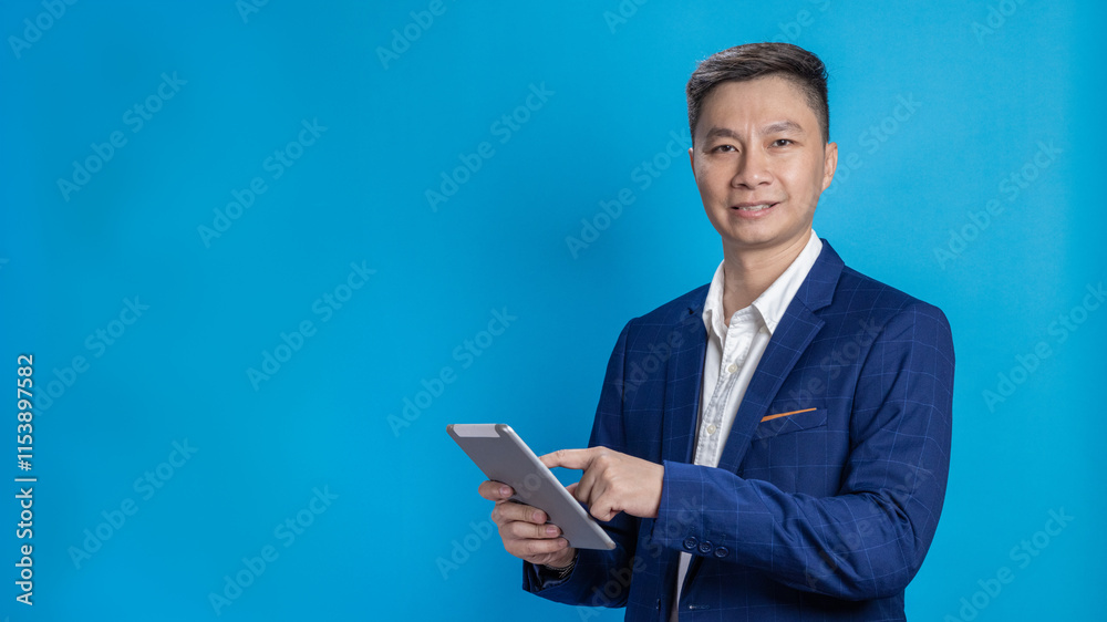 Confident young businessman in a blue suit standing holding a phone in various emotions Confident young businessman in a blue suit standing holding a phone in various emotions