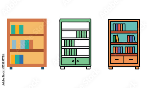 Bookshelf Icon Set in Various Styles, Vector illustrations of three different bookshelf designs, showcasing colorful books and storage options, ideal for office or home themes.
