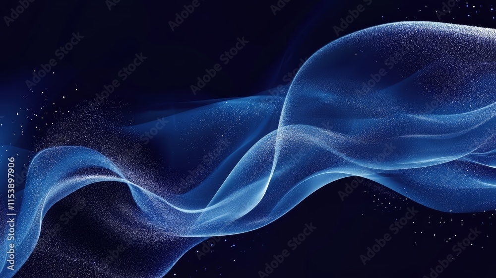 A flowing abstract design featuring smooth blue waves and sparkling particles on a dark background. A flowing abstract design featuring smooth blue waves and sparkling particles on a dark background.