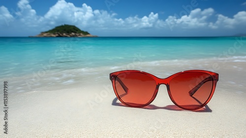 Red sunglasses on a tropical beach.
