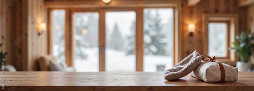 Pair of winter boots on a wooden bench with snowy trees visible through a window Pair of winter boots on a wooden bench with snowy trees visible through a window