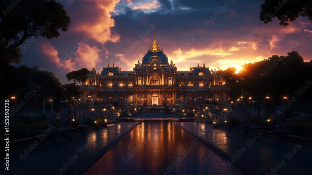 Fototapeta premium Magnificent Golden Palace at Sunset: A Breathtaking Architectural Masterpiece