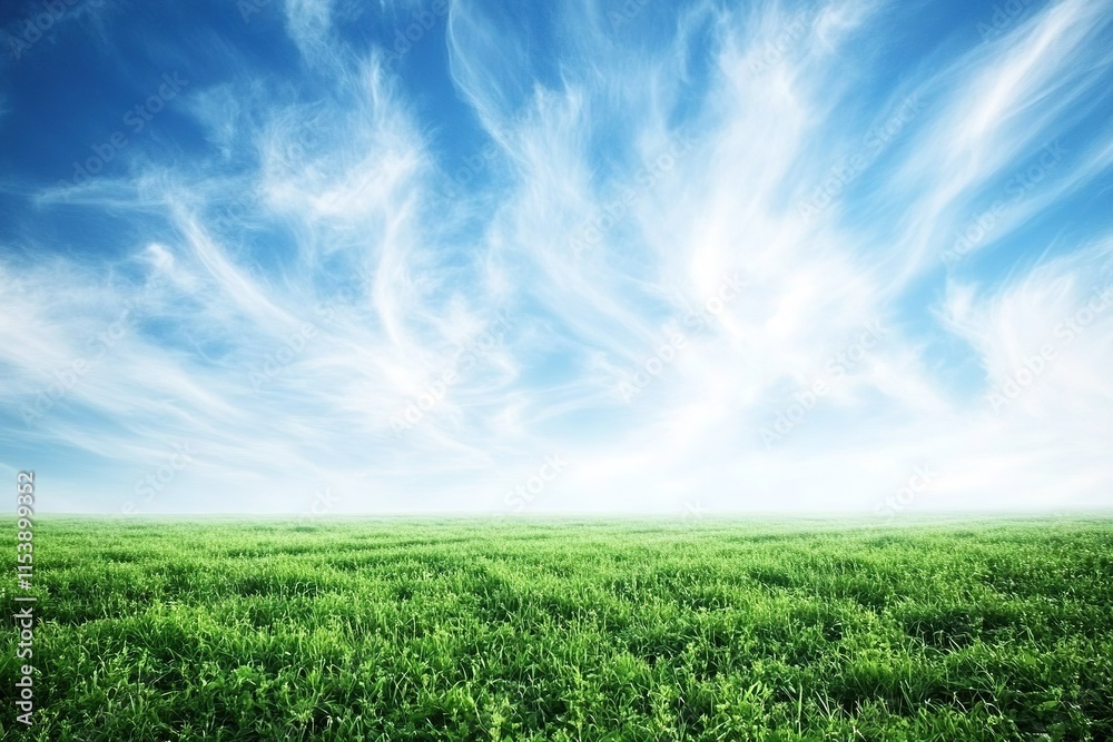 Fototapeta premium Vast green fields stretch under bright blue sky, showcasing vibr