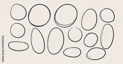 PrintHand drawn doodle circle highlights. Brush marker pen round ovals. Scribble horizontal ellipse inrounder. Round scrawl frames. Vector illustration