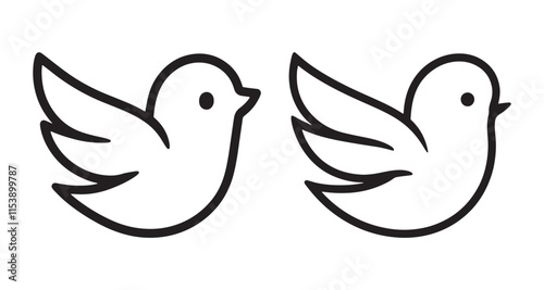 Two simple black outline birds in flight. cartoon-like birds in flight, depicted with simple black outlines against a white background  photo