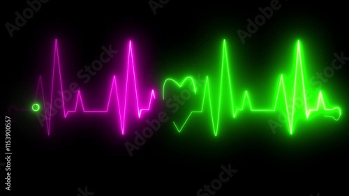 Abstract neon heartbeat signal icon animation, heartbeat animation isolated Glowing neon pink and green color heartbeat rate and pulse on black   screen,  animtion .