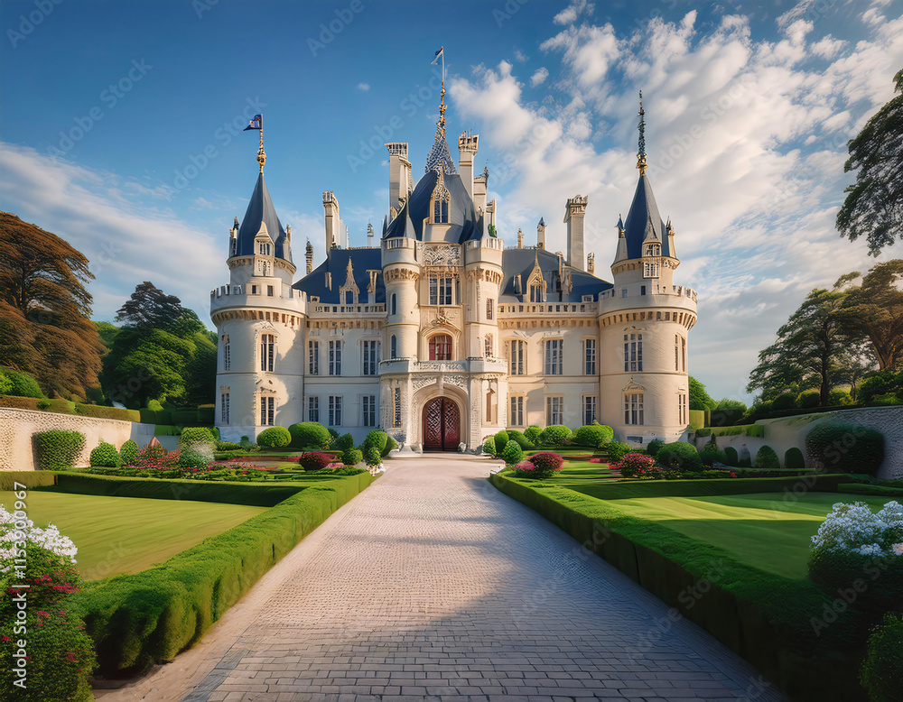 Fototapeta premium A grand, elegant castle with multiple turrets and spires, surrounded by meticulously manicured gardens and a paved pathway under a bright, partly cloudy sky