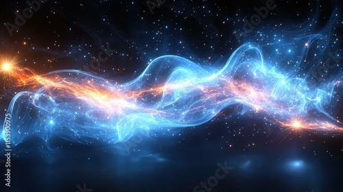 Blue and orange glowing cosmic wave glowing with particles flowing through dark starry space for science technology background and futuristic digital design concept with vibrant energy