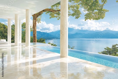 Villa contemporánea iluminada por el sol con vista al lago