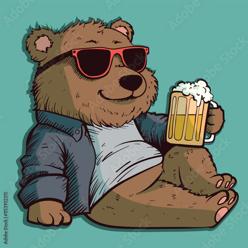 Vector art of a brown bear in a jacket drinking beer. Cool grizzly with sunglasses holding a mug.