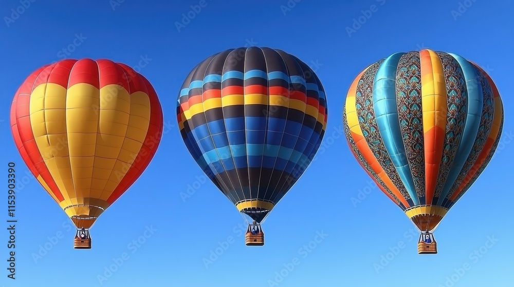 Fototapeta premium heic Thumbnail protobuf NFT Marketing Cloud based services Mlops Telegram channel Helium 10 Nitropack Wayflyer Colorful hot air balloons with striped patterns floating in clear blue sky for travel, a