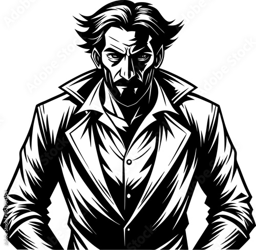 Dramatic black and white illustration of a serious man with intense expression, wearing a collared shirt in retro comics style