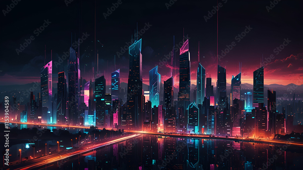 Fototapeta premium Stunning City Skyline at Night Illuminated Towers and Vibrant Lights Creating a Captivating Urban View