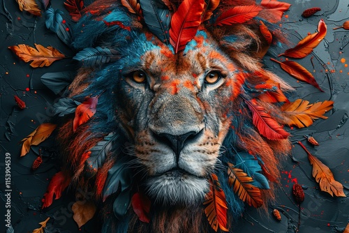 Lion portrait with color paint and feathers on black background photo