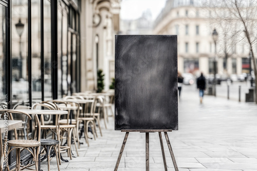 Ardoise sur un chevalet dans la rue devant un restaurant parisien pour annonce ou menu