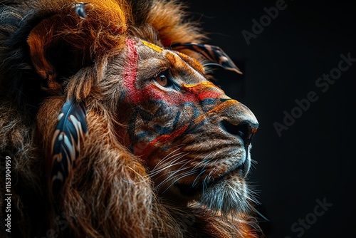 Lion portrait with color paint and feathers on black background photo